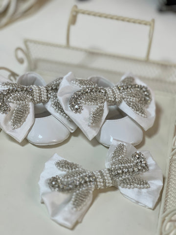 White White Bow rhine stone shoes and hairbow 5 ınc