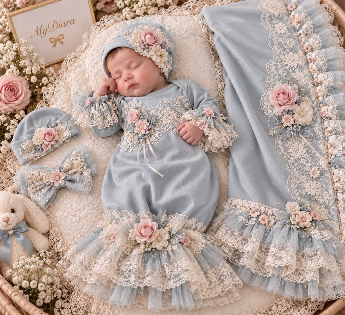 Blue baby gown bonnet and blankent set