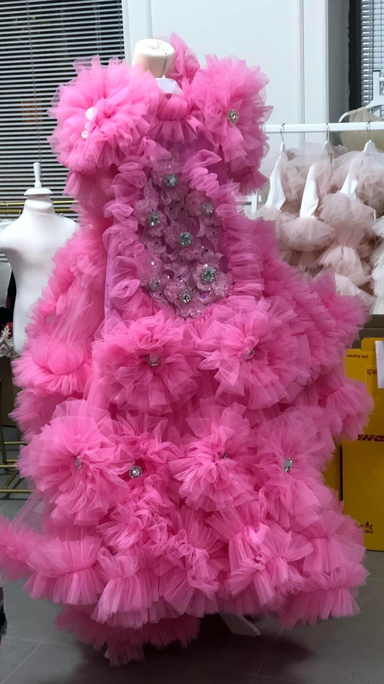 Hot Pink Flowers Long Tulle Funny Gown And Bonnet