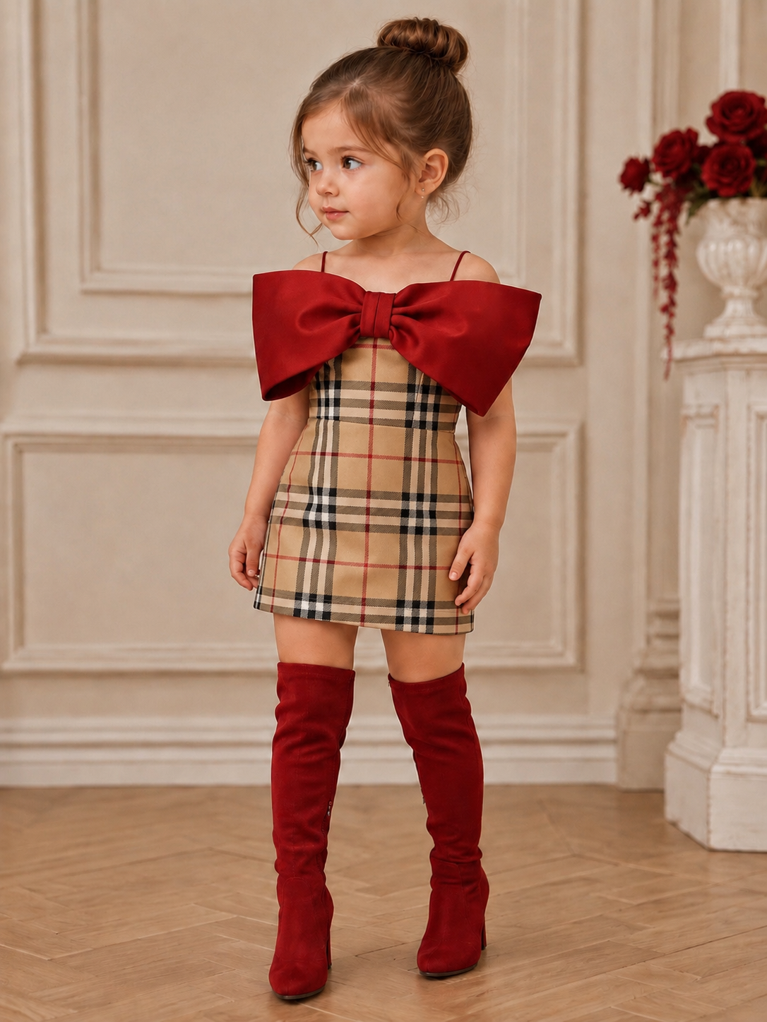 Tartan red bow fabric short girl dress