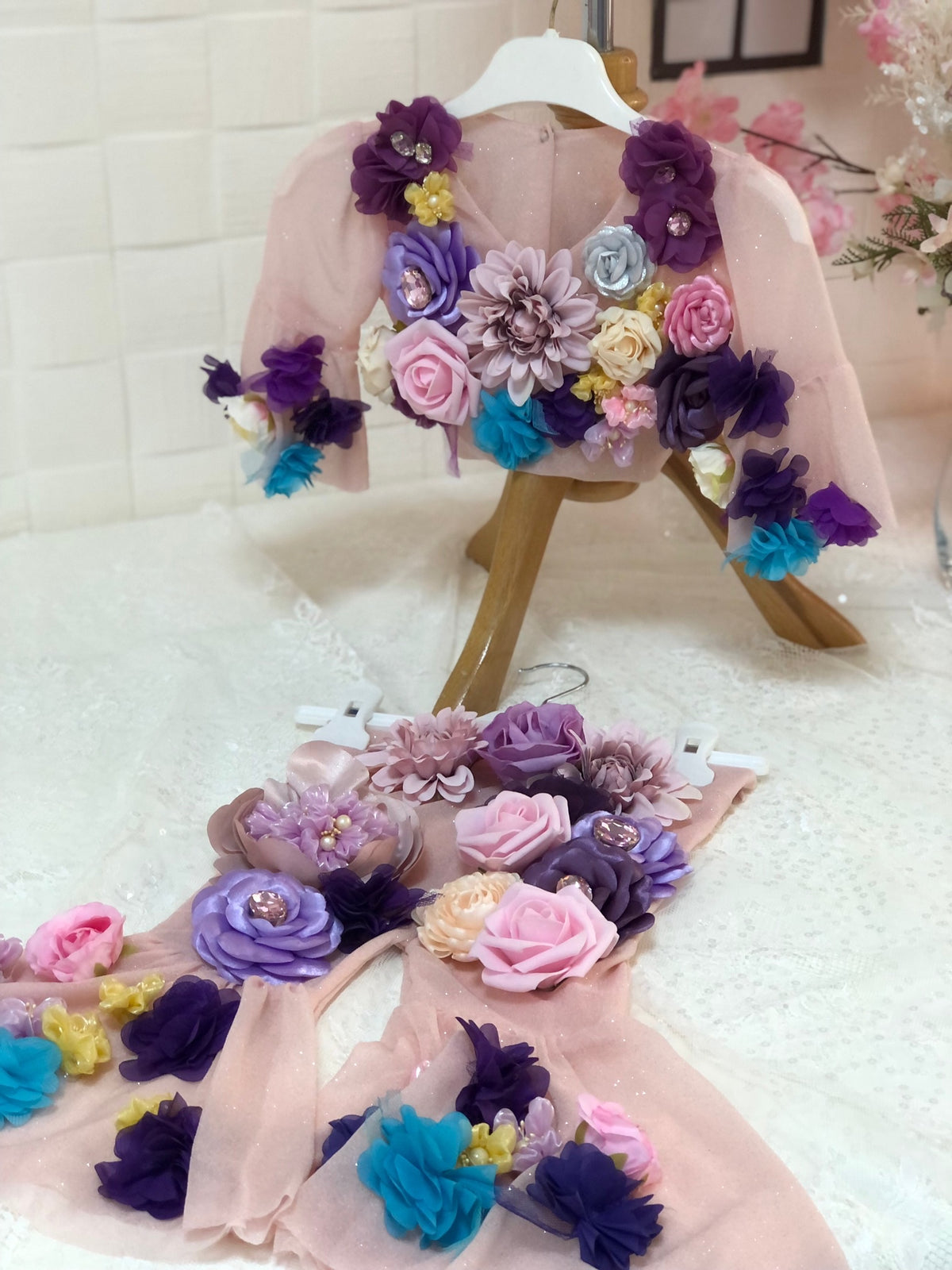 Tulle fabric flowers two pices outfıt