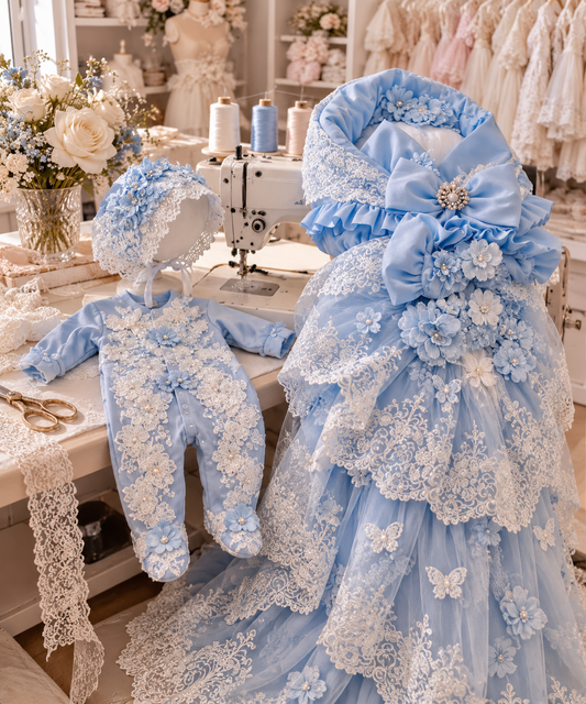 Blue newborn jumpsuit bonnet and swaddle