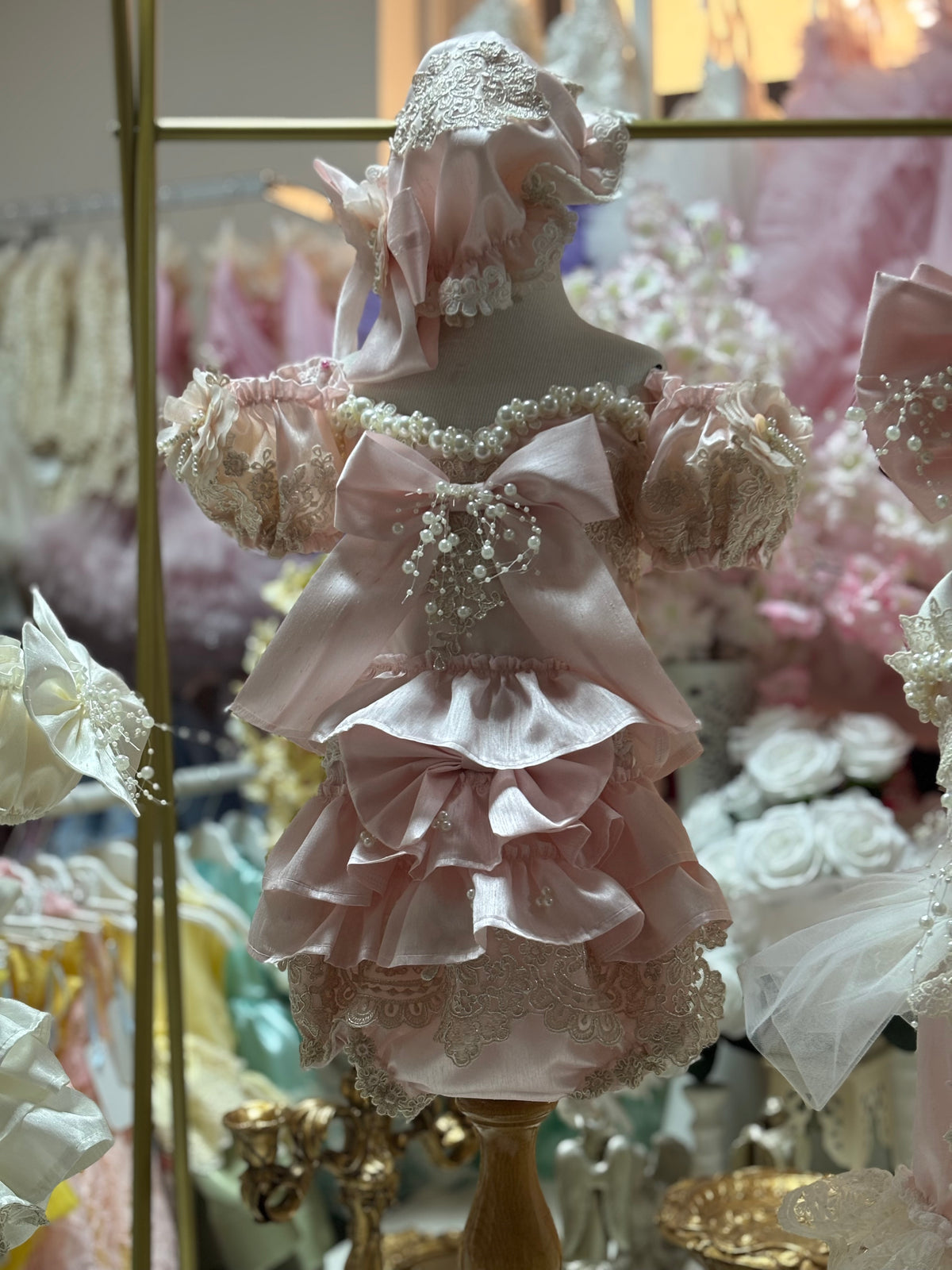 Pink silk fabric girl and baby two pieces outfıt and bonnet