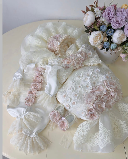 Cream flowers baby jumpsuit bonnet swaddle and shoes