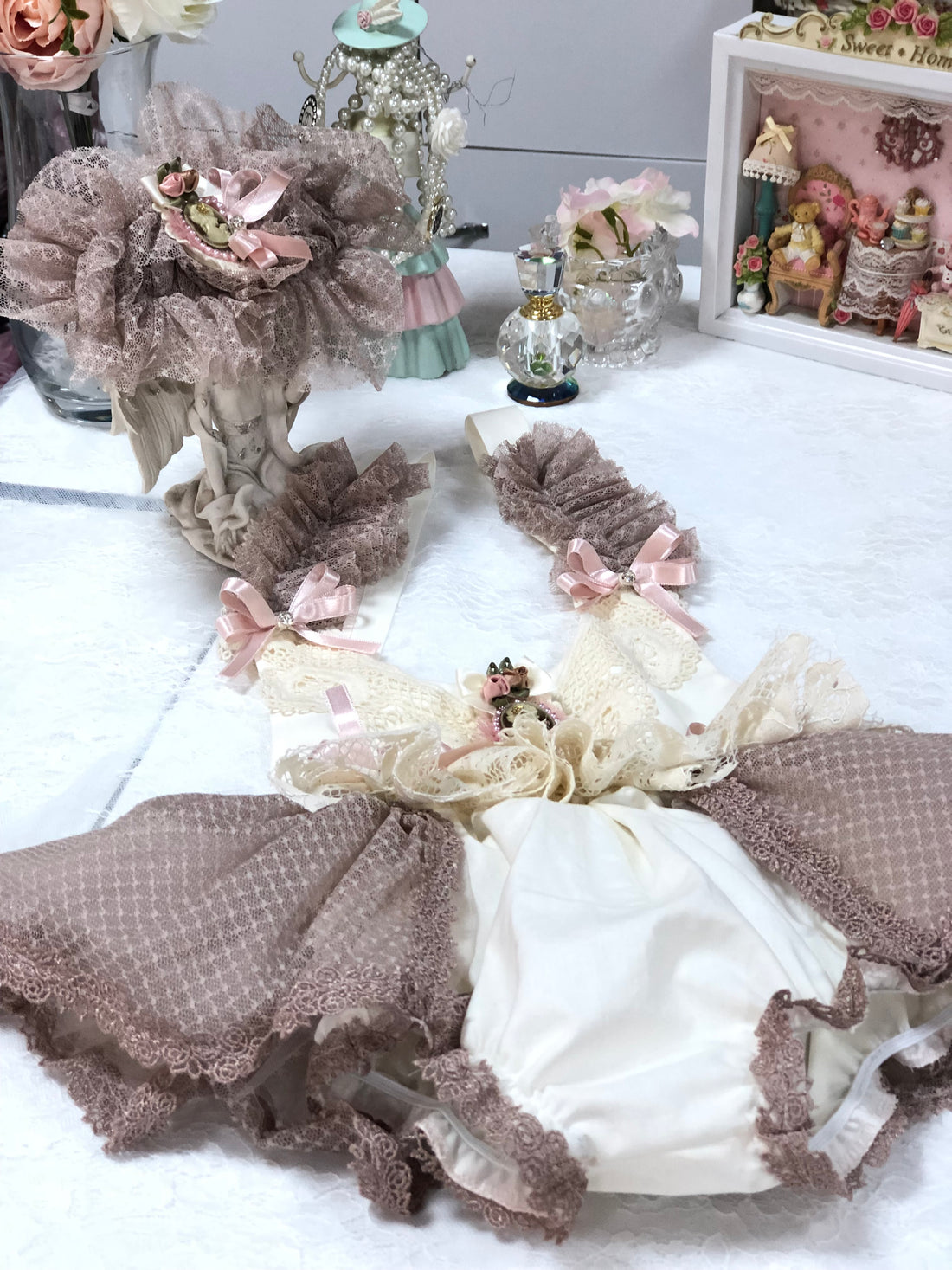Cream Vintage baby and girl romper and bonnet