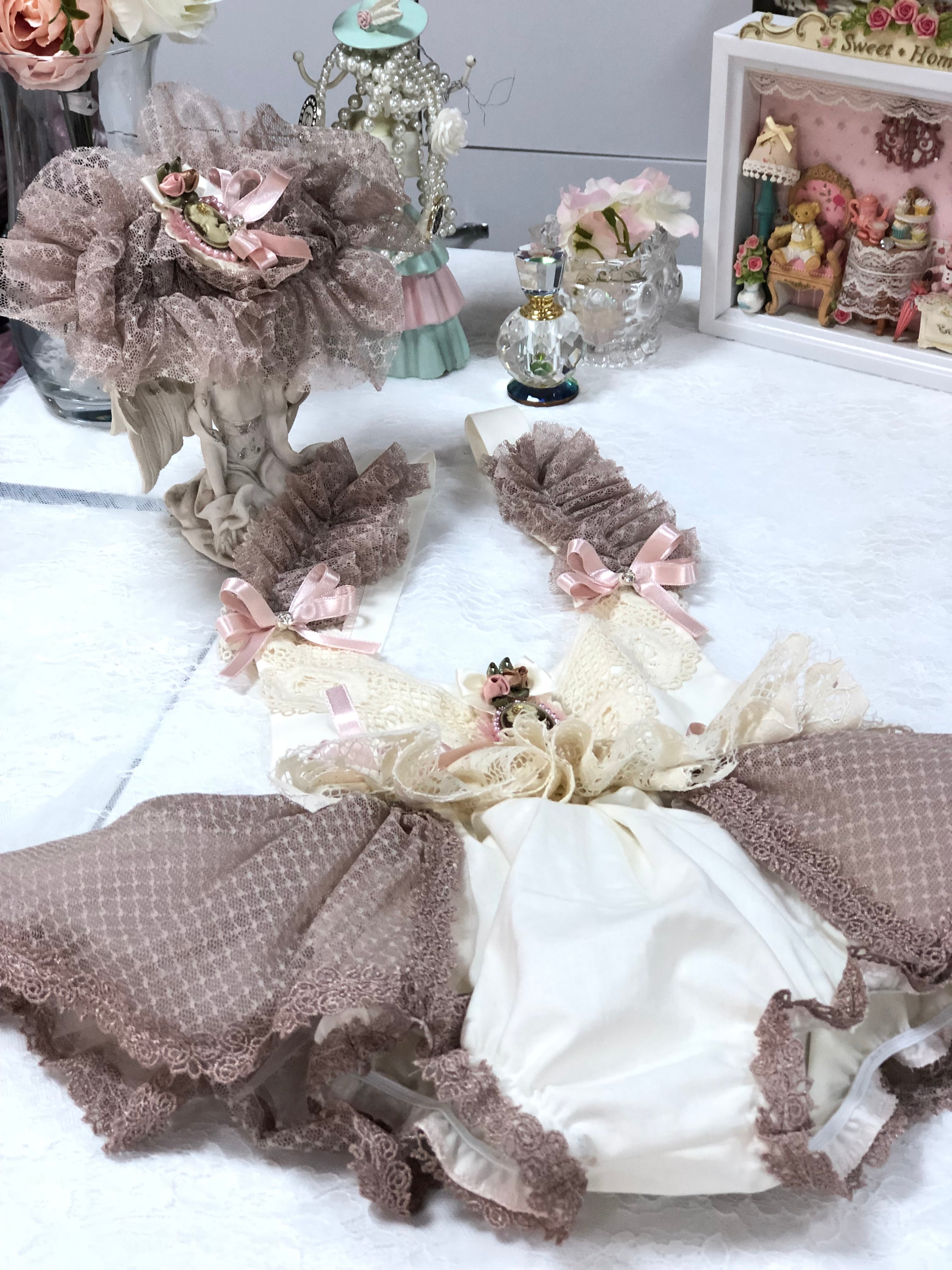 Cream Vintage baby and girl romper and bonnet