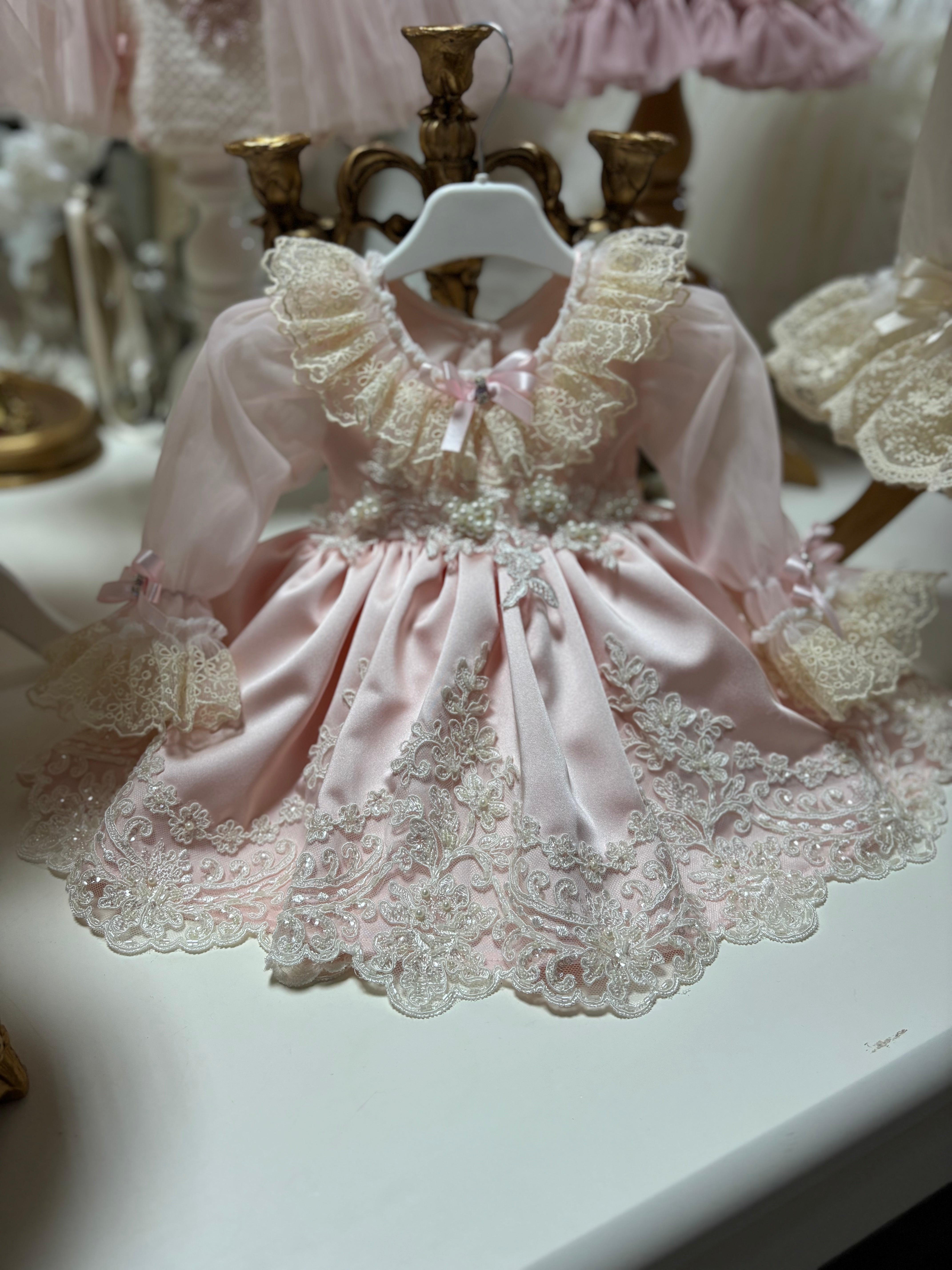 Pink Baby amazing Satin Fabric Pearl Aplique Dresses and Bonnet