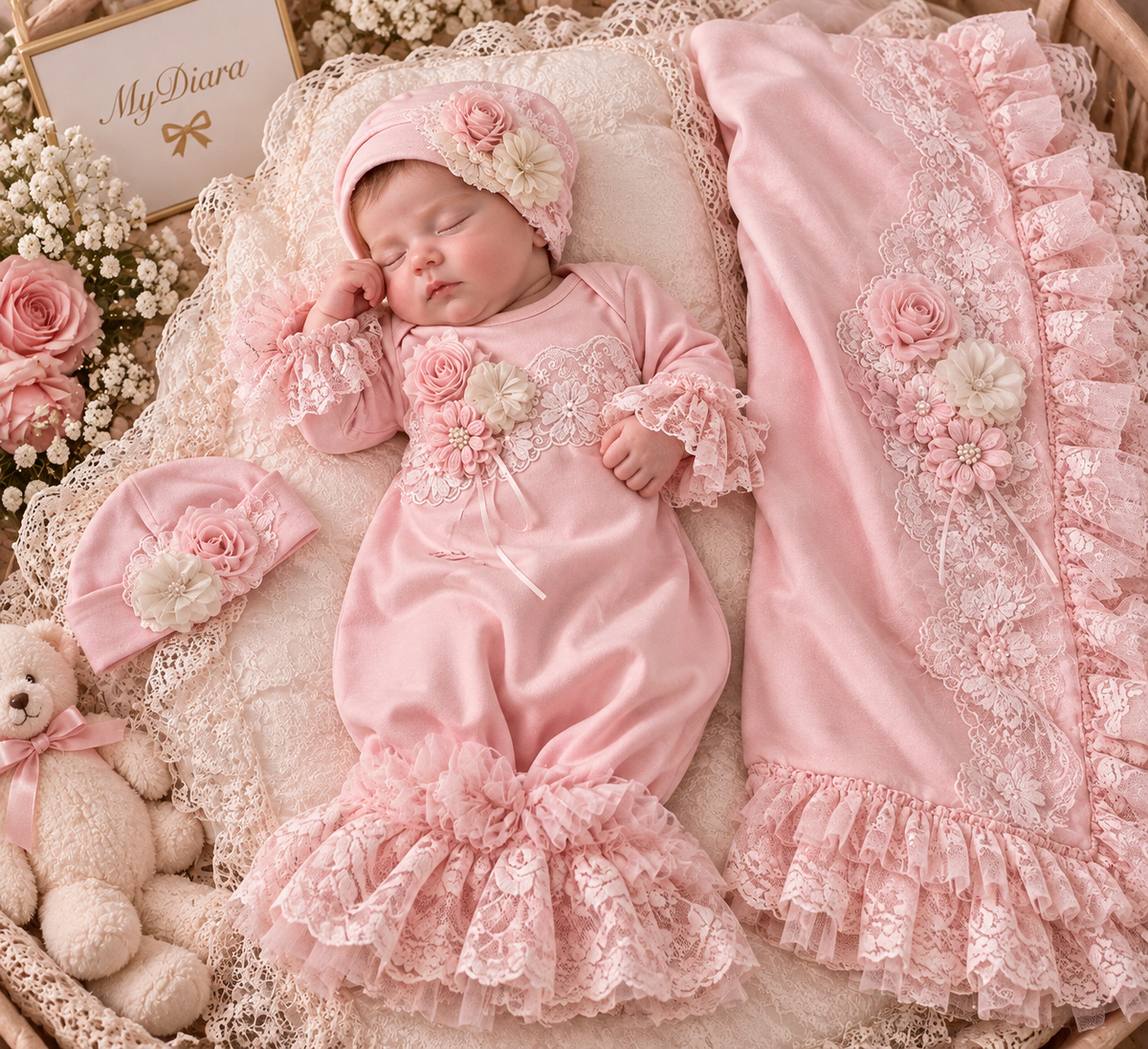 Pink baby gown bonnet and blankent set