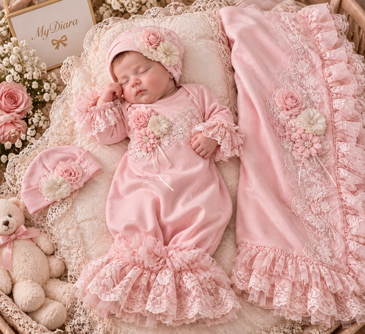 Pink baby gown bonnet and blankent set