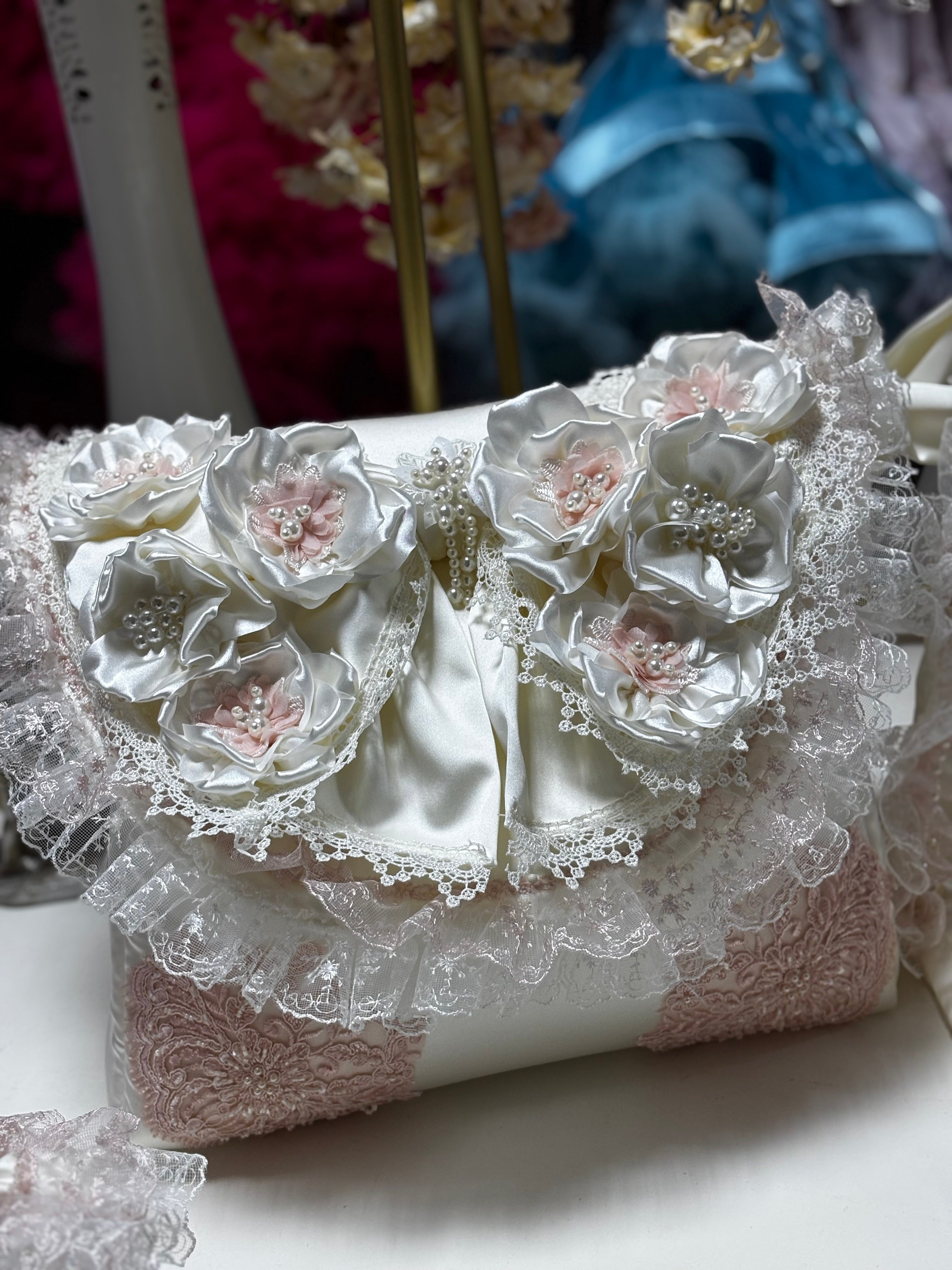 cream silk fabric big bow pearl flowers diaper bag and bottle bag