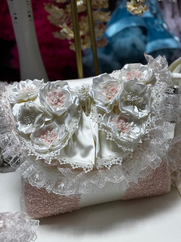 cream silk fabric big bow pearl flowers diaper bag and bottle bag