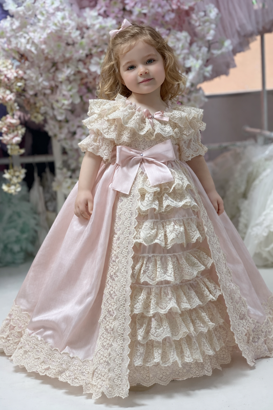 Light pink silk fabric girl long dress and bonnet
