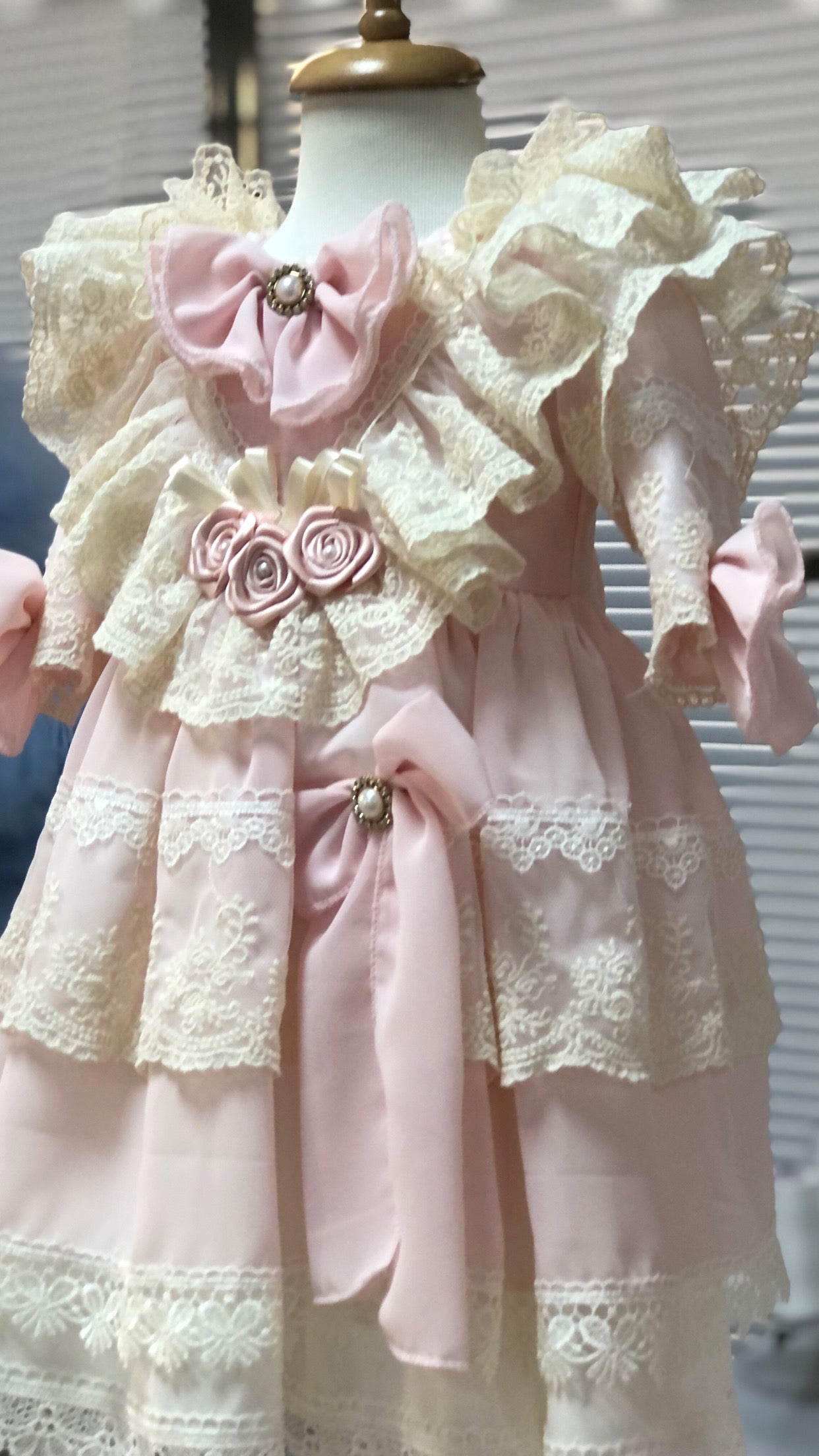 Cream And Light Pink Vintage Baby and girl dress and bonnet