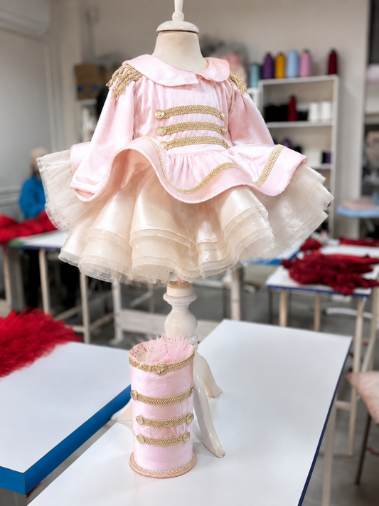 Pink satin girl holiday dress and hat