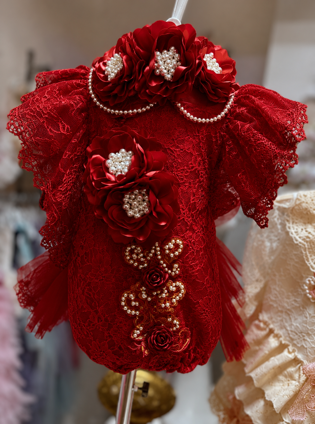 Red lace romper and flowers hairband wholasale 7 pcs