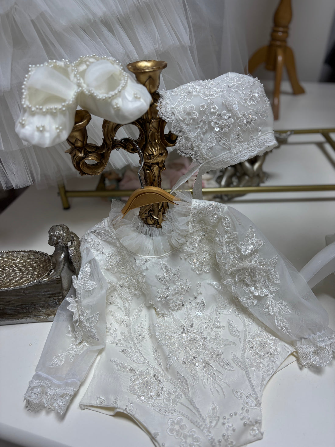 Cream Full pearl aplique handmade  baby baptism outfıt romper bonnet and shoes