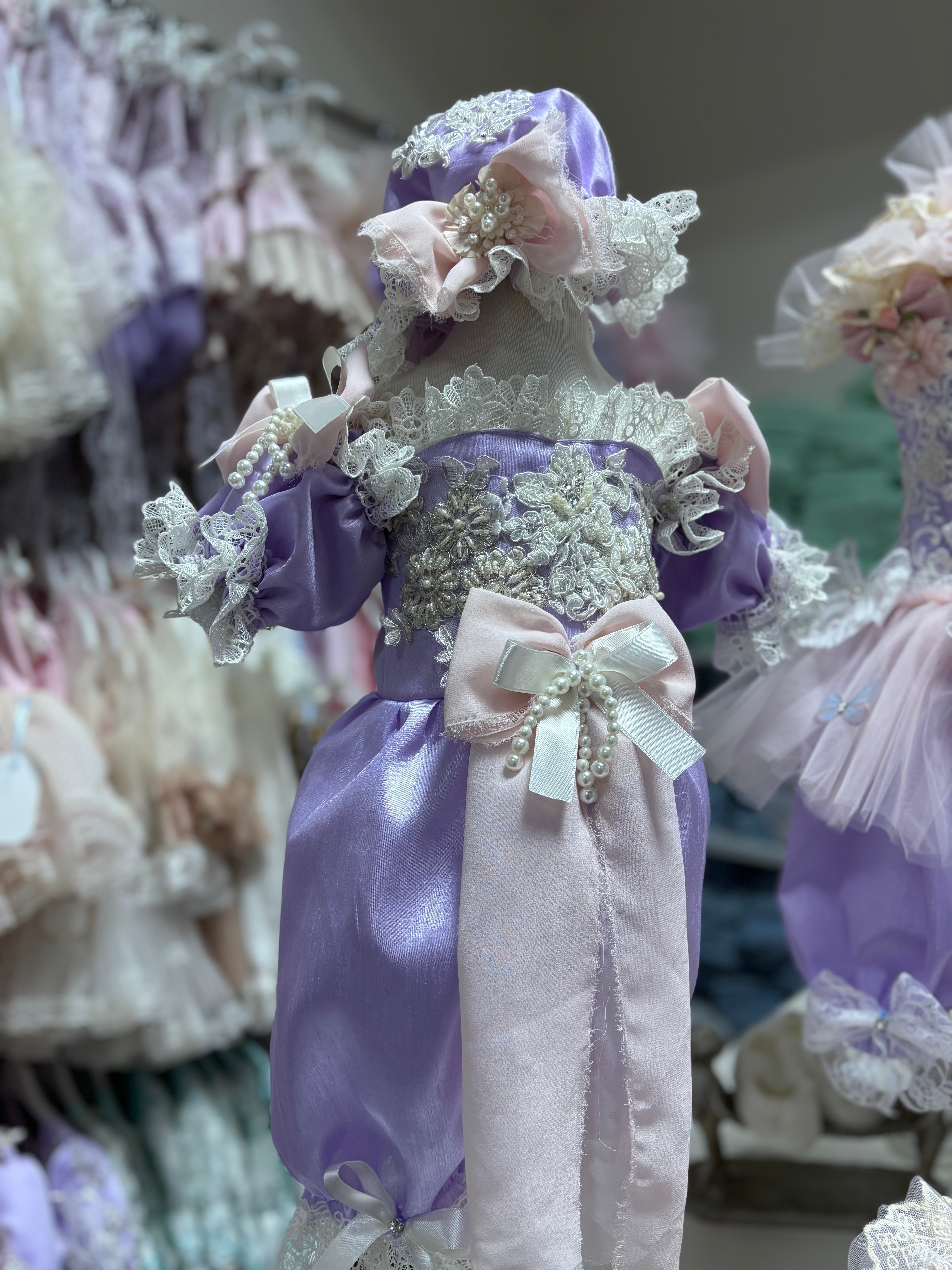 Lilac silk Fabric Pearl Aplique Baby Jumpsuit And Bonnet