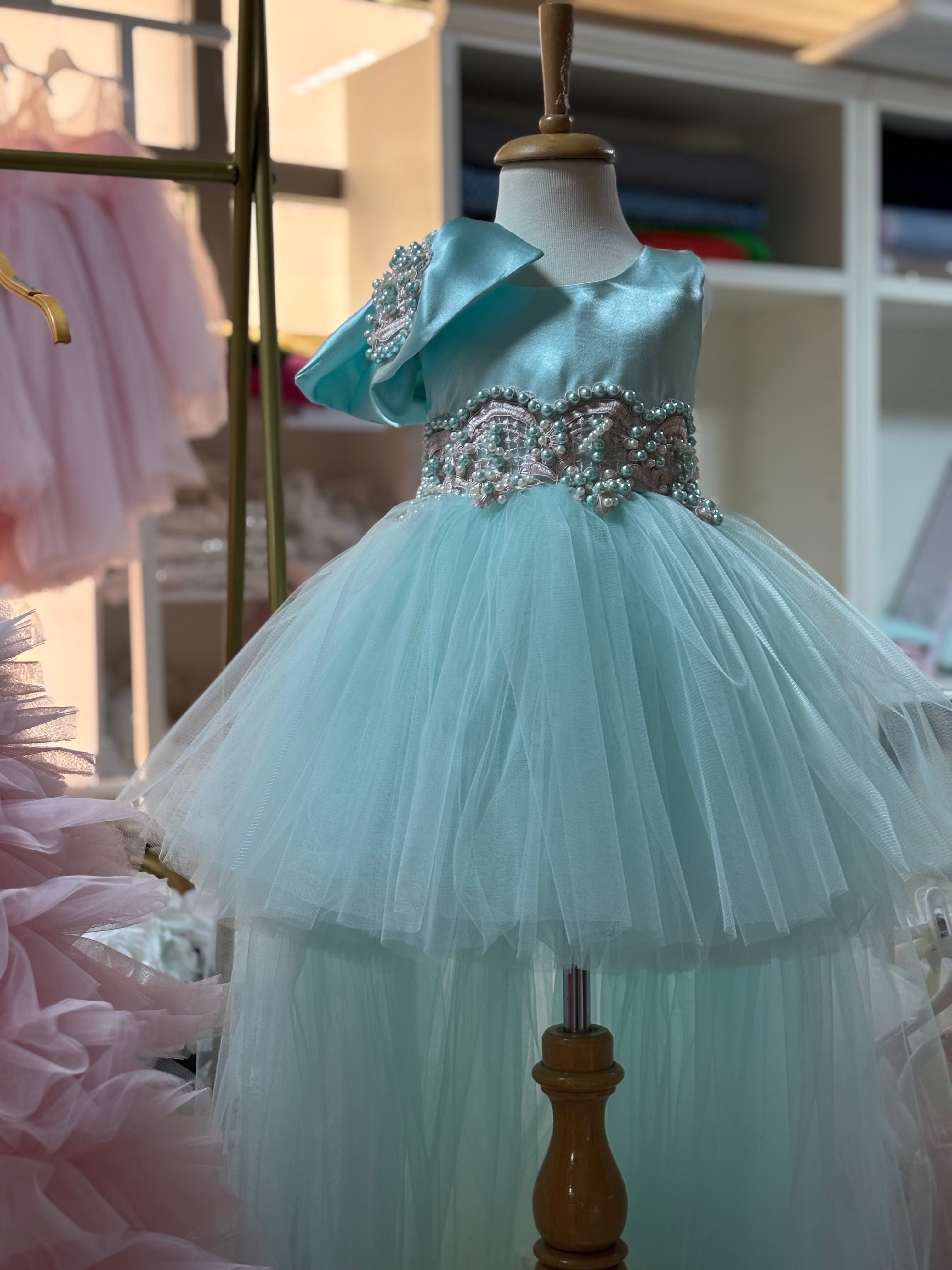 Mint tulle pear details girl train dress
