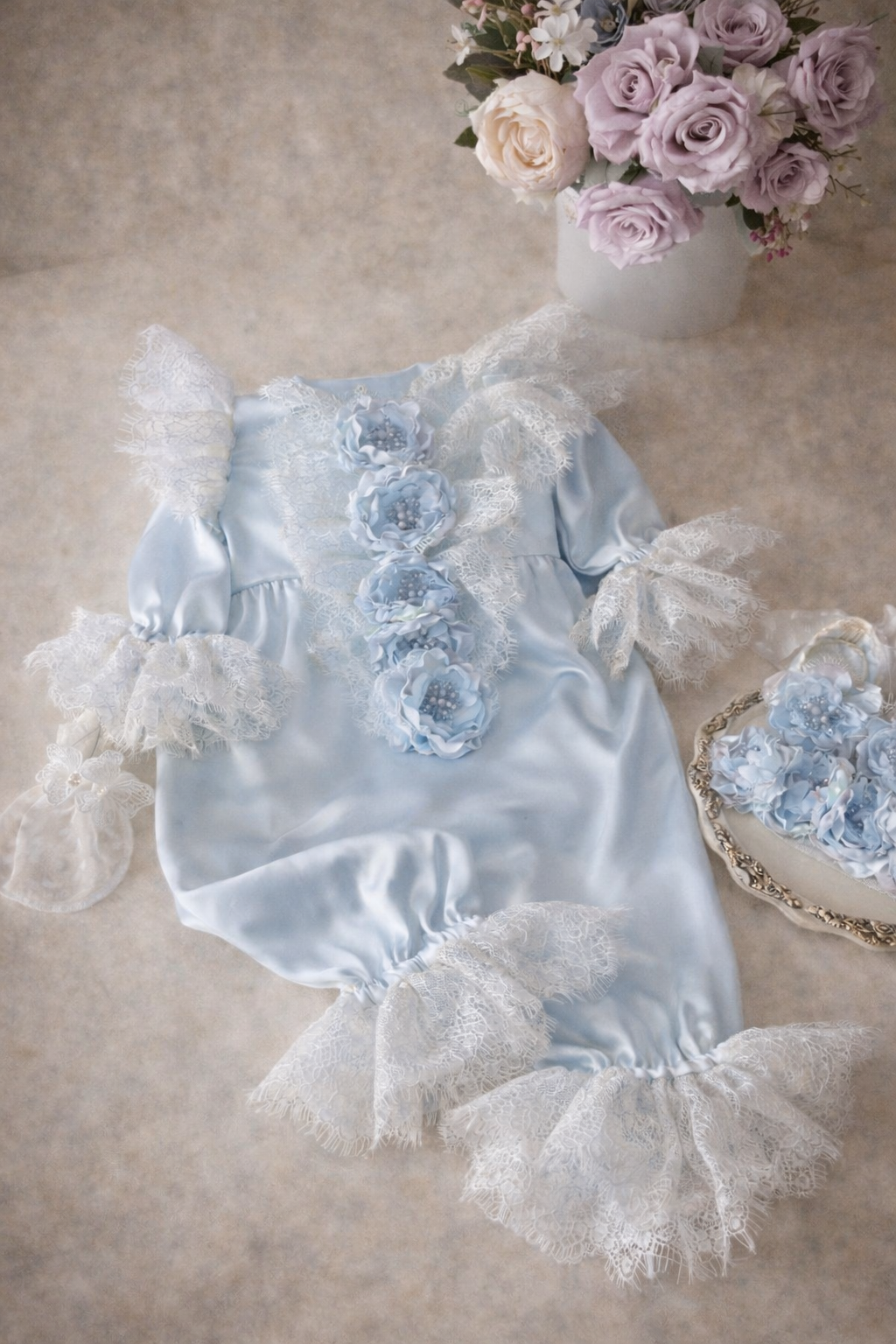 Light Blue Baby Jumpsuit And Bonnet