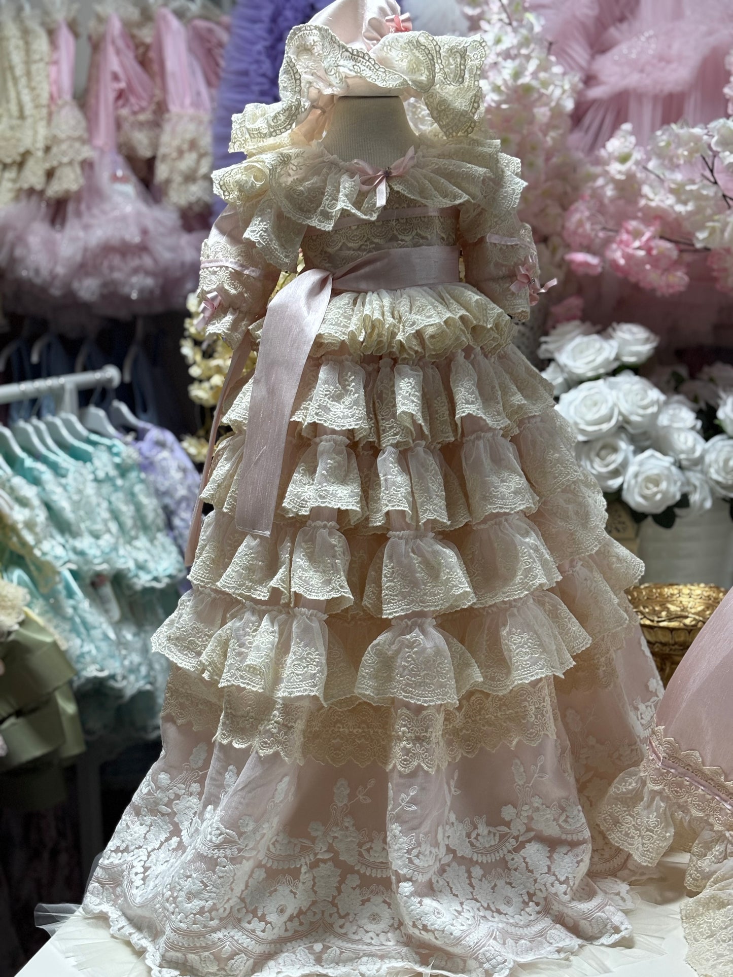 Pink lace silk long girl toddler gown dresses and bonnet wholesale 6 pcs