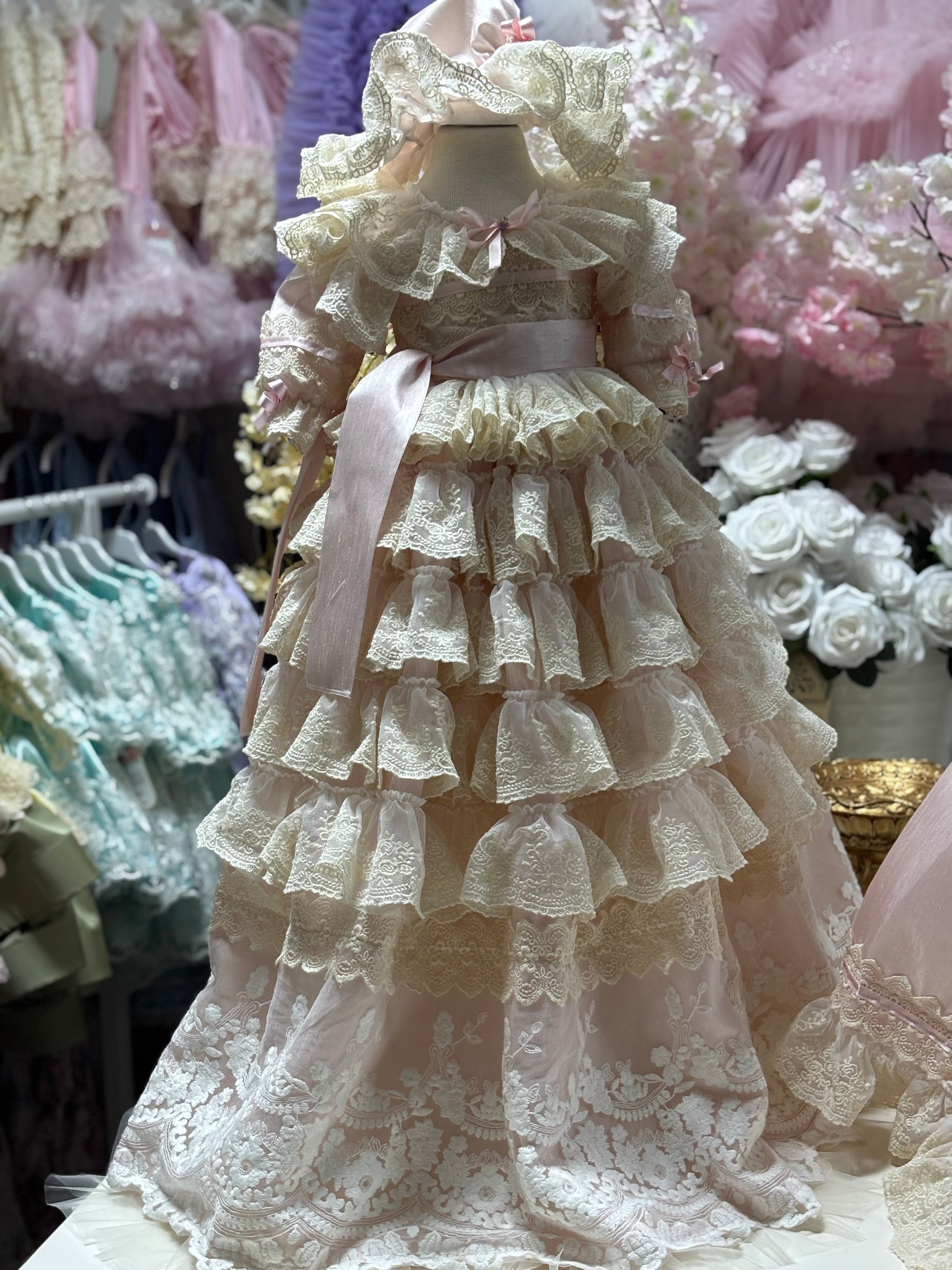 Pink lace silk long girl toddler gown dresses and bonnet