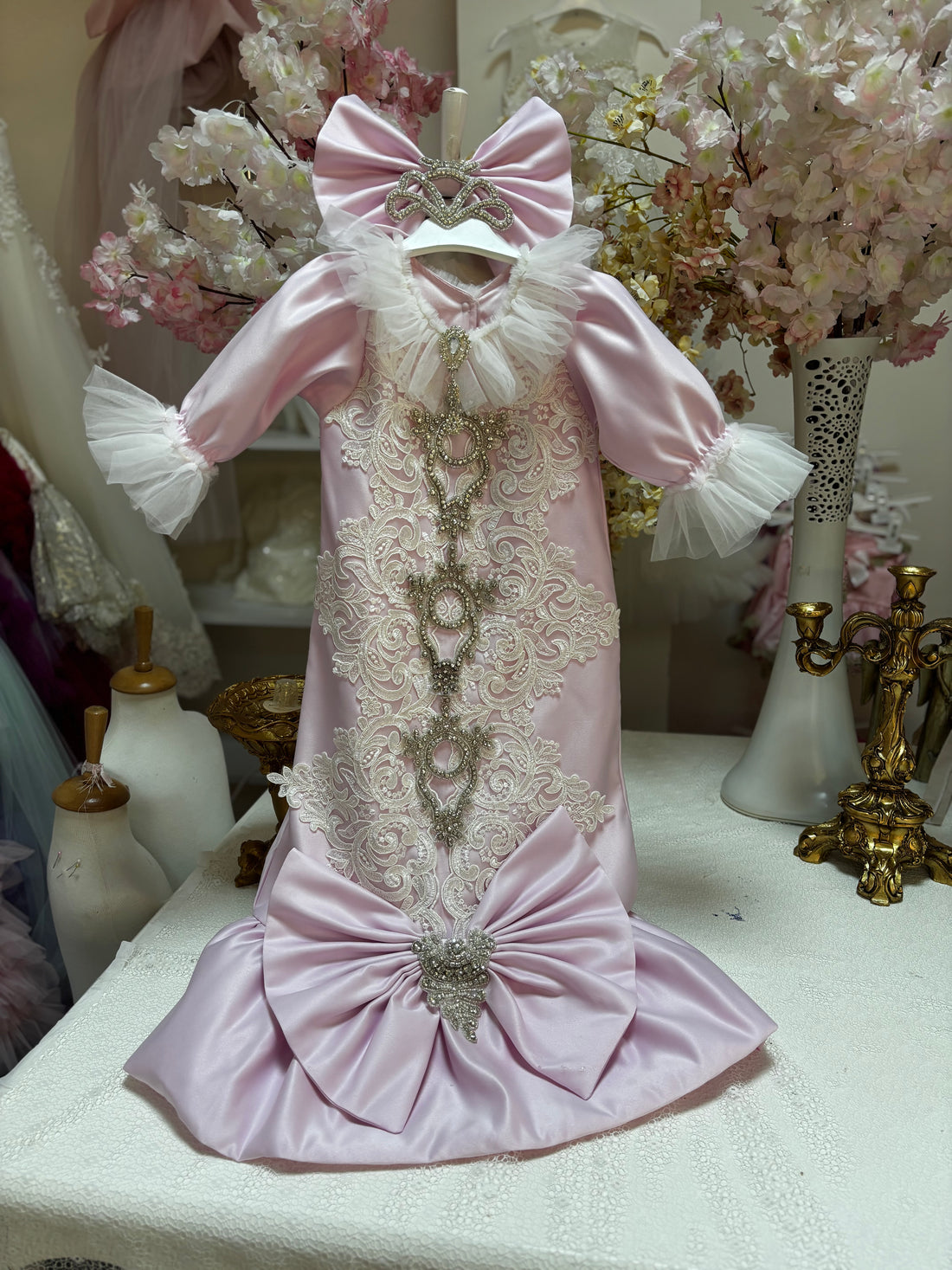 Pink baby gown and hair bow