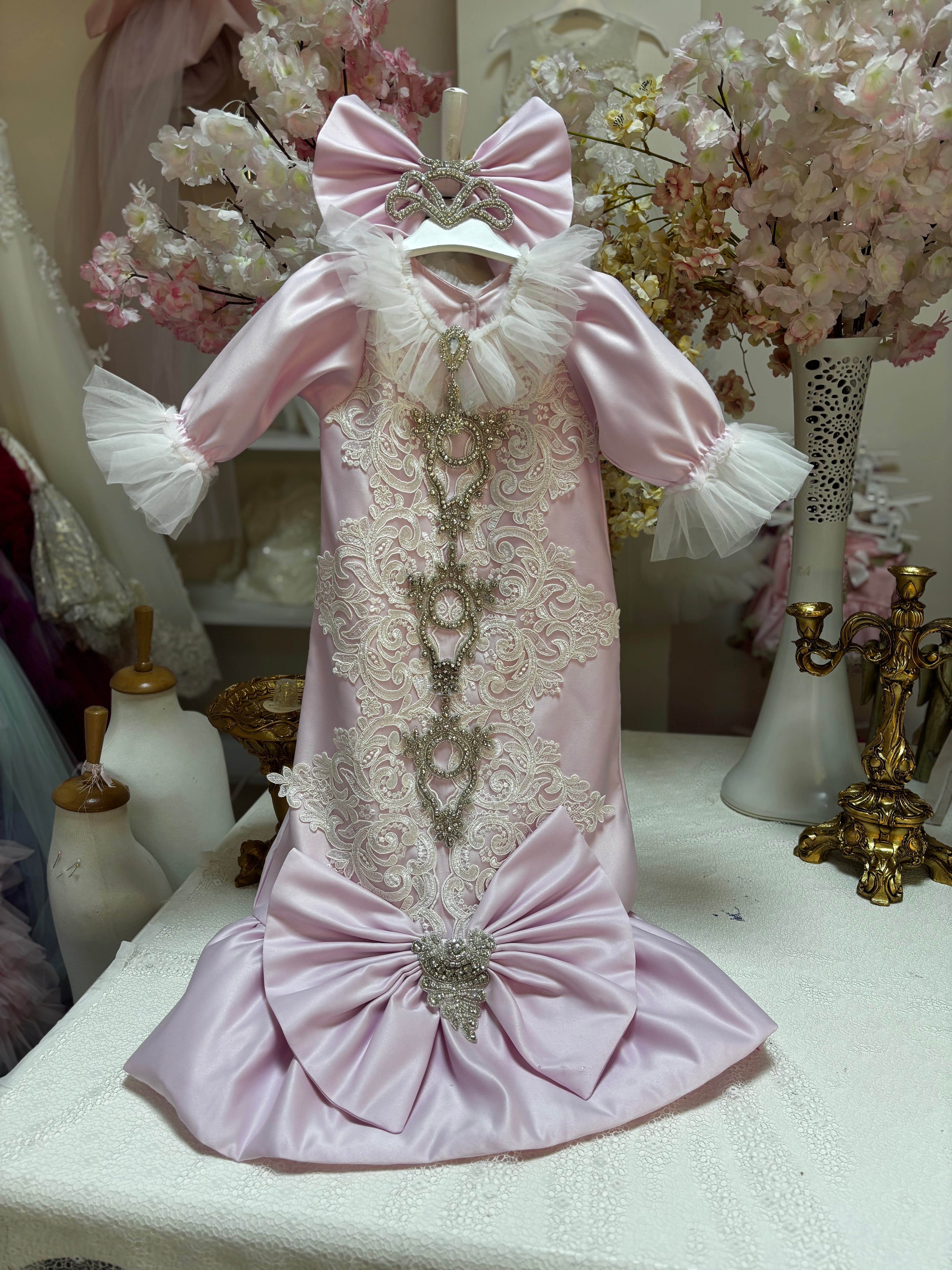Pink baby gown and hair bow