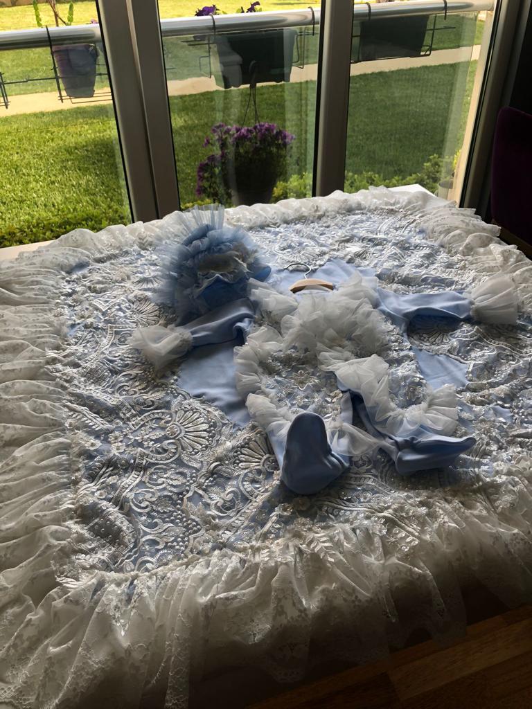 Blue baby France lace jumpsuit bonnet and blankent set