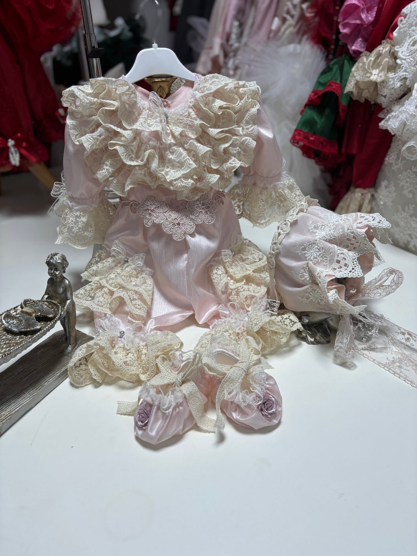 Silk fabric pink baby jumpsuit bonnet and shoes set wholesale 4 pcs