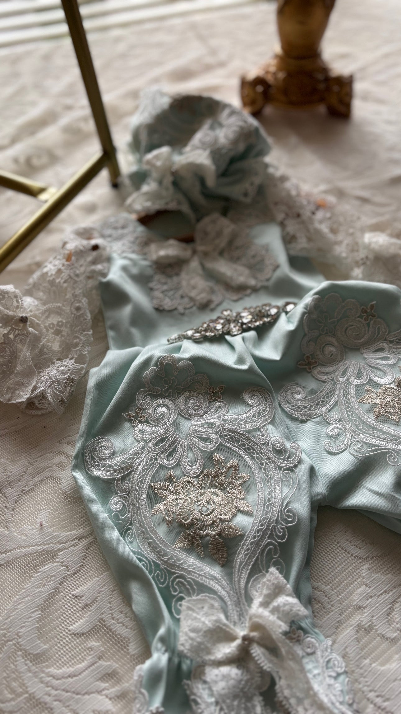Mint Blue Baby Vintage Jumpsuit And Bonnet