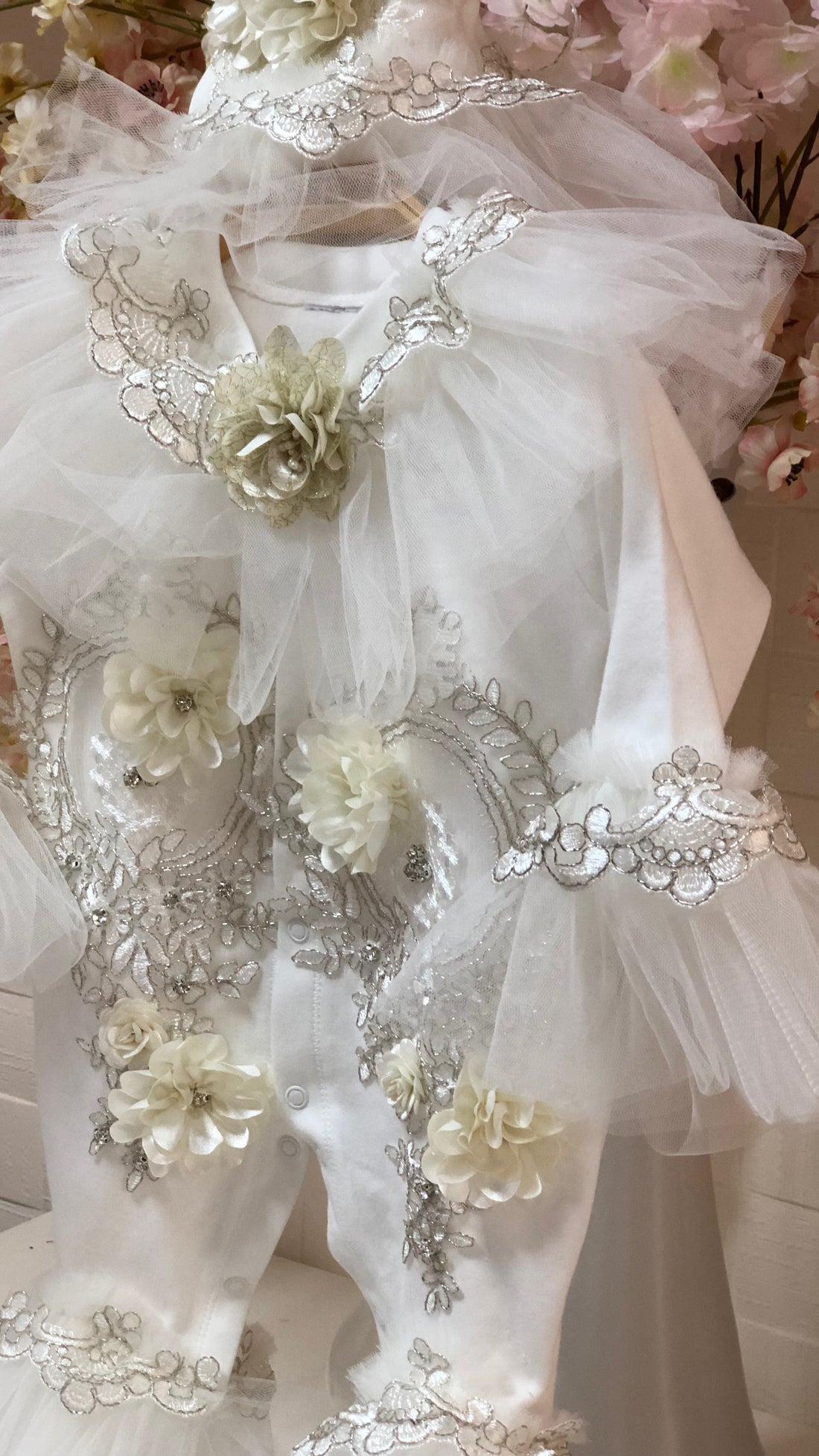 Cream Coton Baptism Baby Jumpsuit Hat Blankent Set