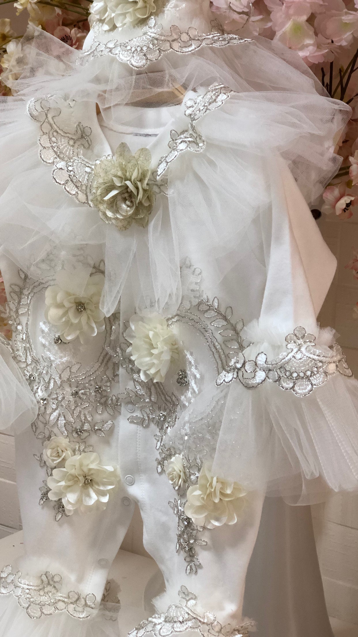 Cream Coton Baptism Baby Jumpsuit Hat Blankent Set