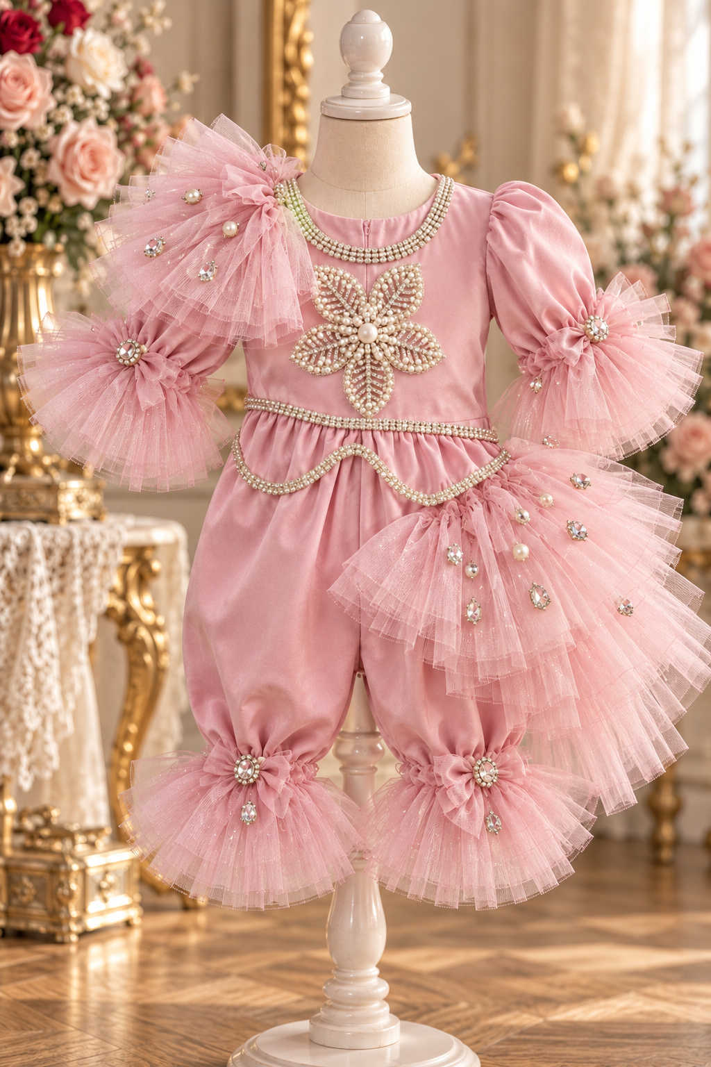 Pink Christmas baby jumpsuit and bonnet