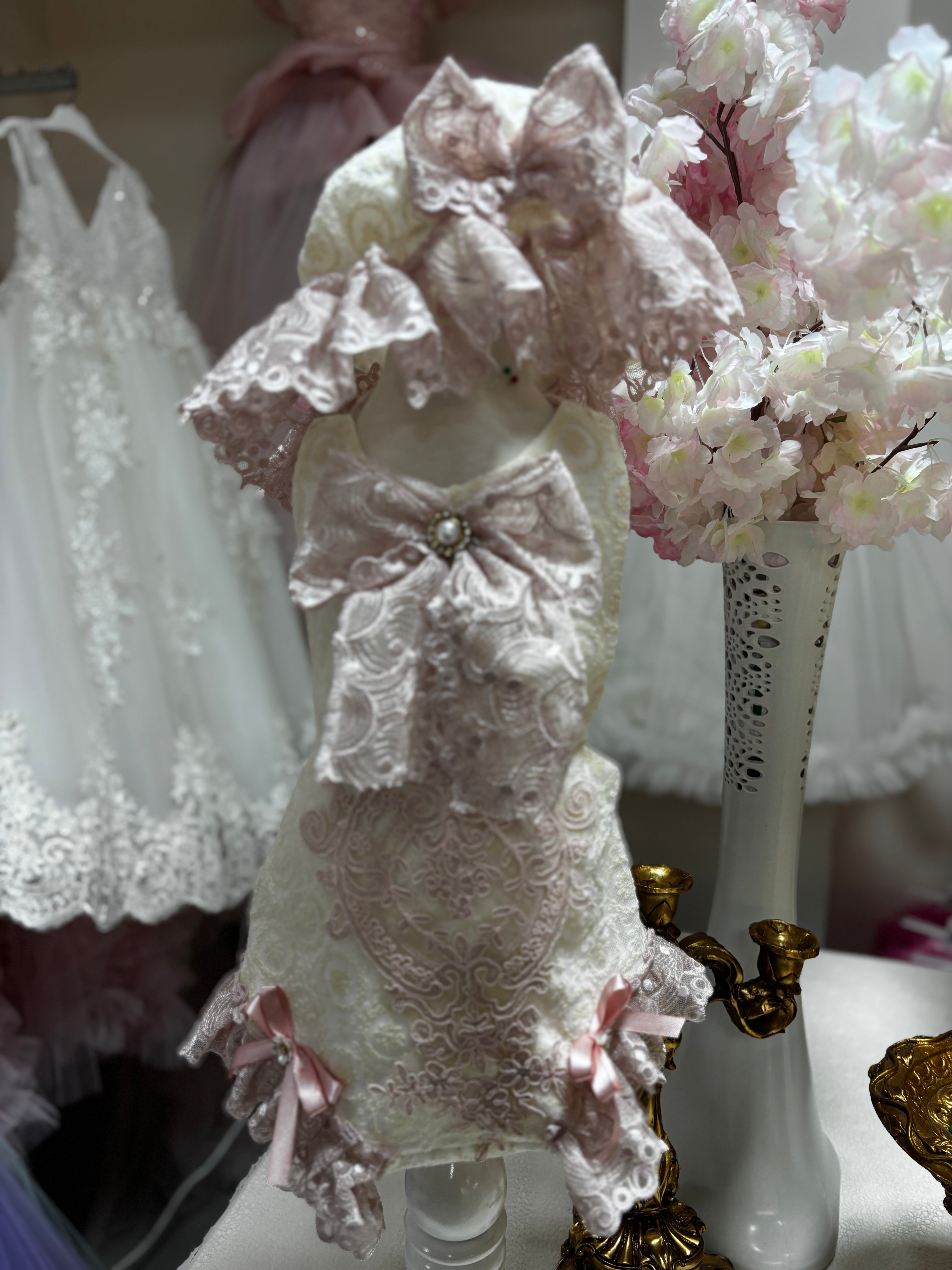 cream lace fabric romper and bonnet