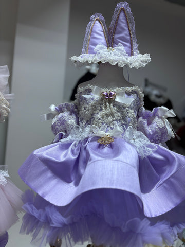 Lilac Silk Fabric Puffy Amazing Girl Dresses And Bunny HairClips