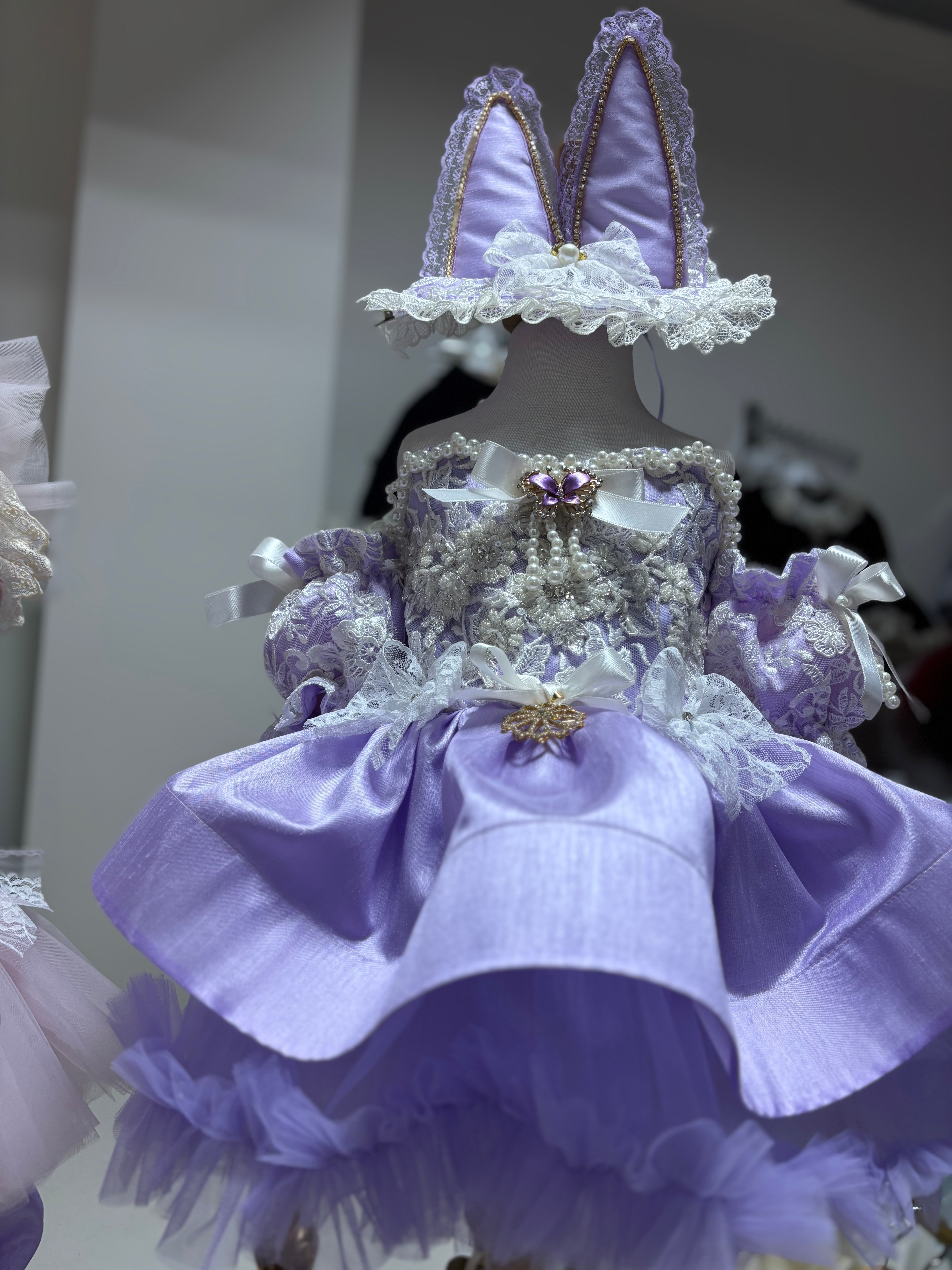 Lilac Silk Fabric Puffy Amazing Girl Dresses And Bunny HairClips