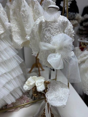 Cream Full pearl aplique handmade  baby baptism outfıt romper bonnet and shoes