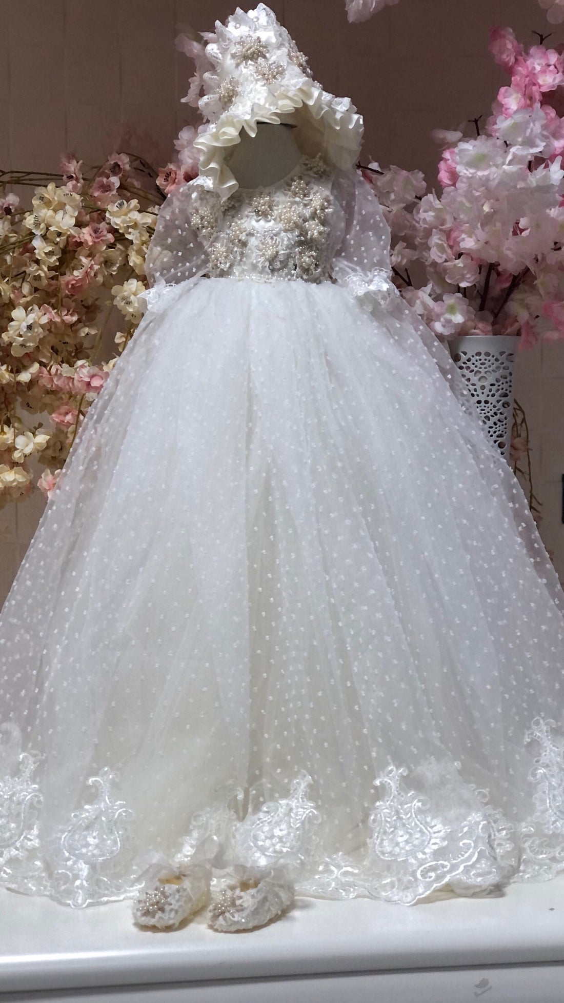Cream Long Pearl Aplıque Handmade Gown  Bonnet And Shoes Baptism Gown