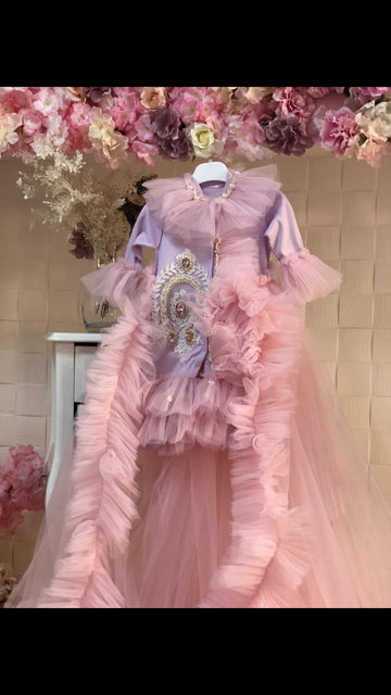 Lilac Pink Long Train Tulle Jumpsuit Gown And Bonnet
