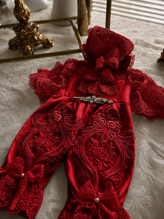 Red holiday baby jumpsuit and bonnet