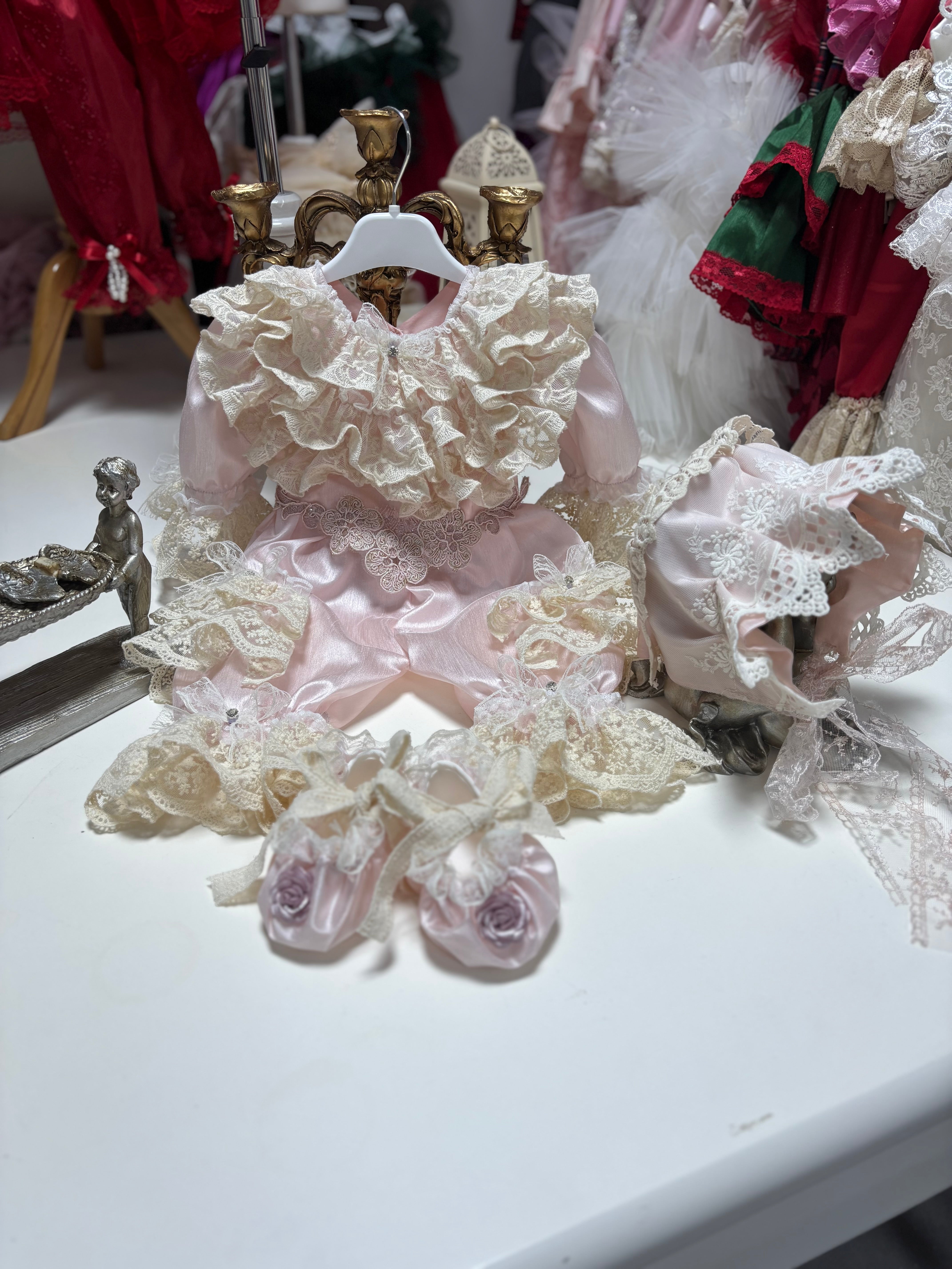 Silk fabric pink baby jumpsuit bonnet and shoes