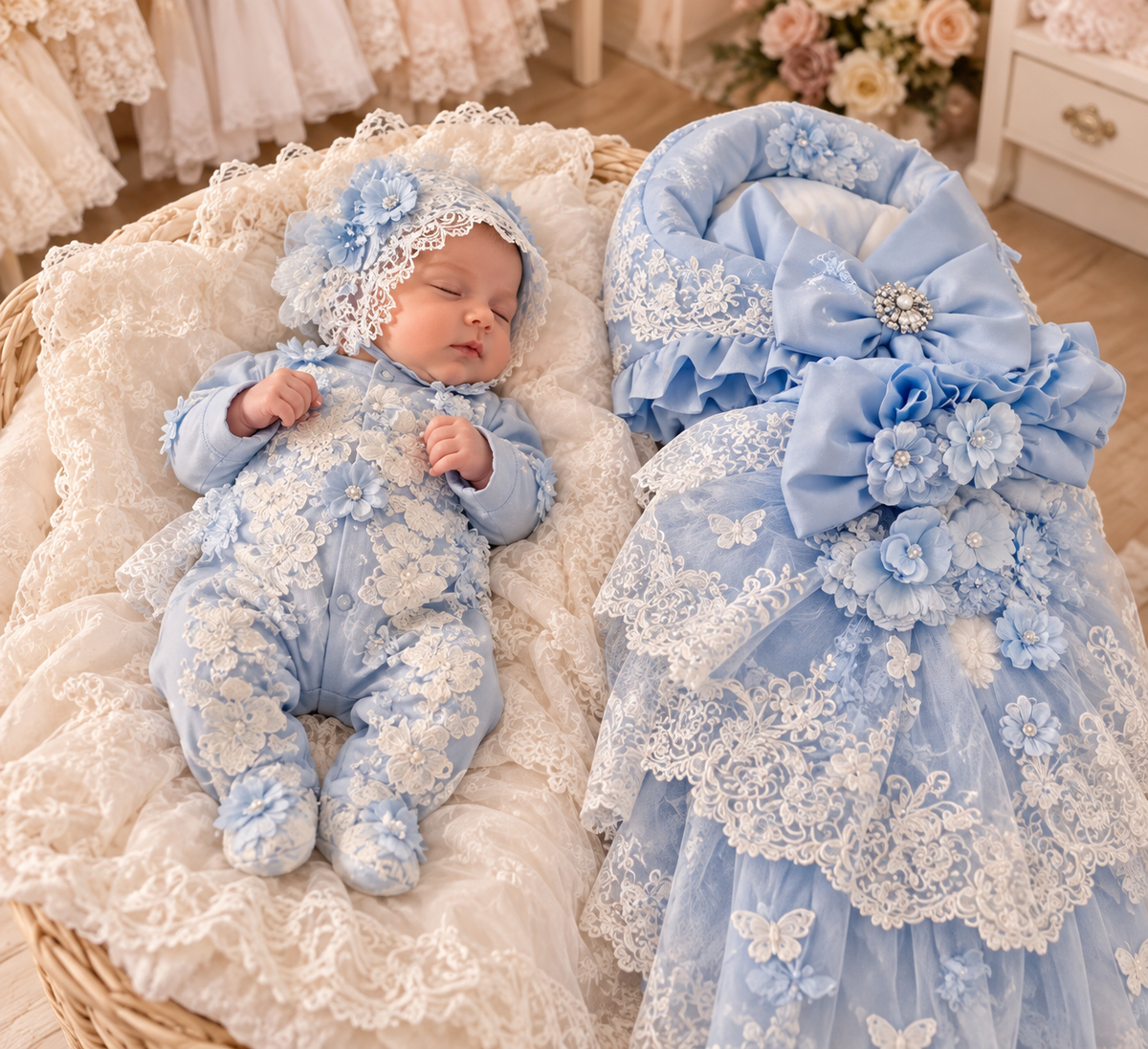 Blue newborn jumpsuit bonnet and swaddle