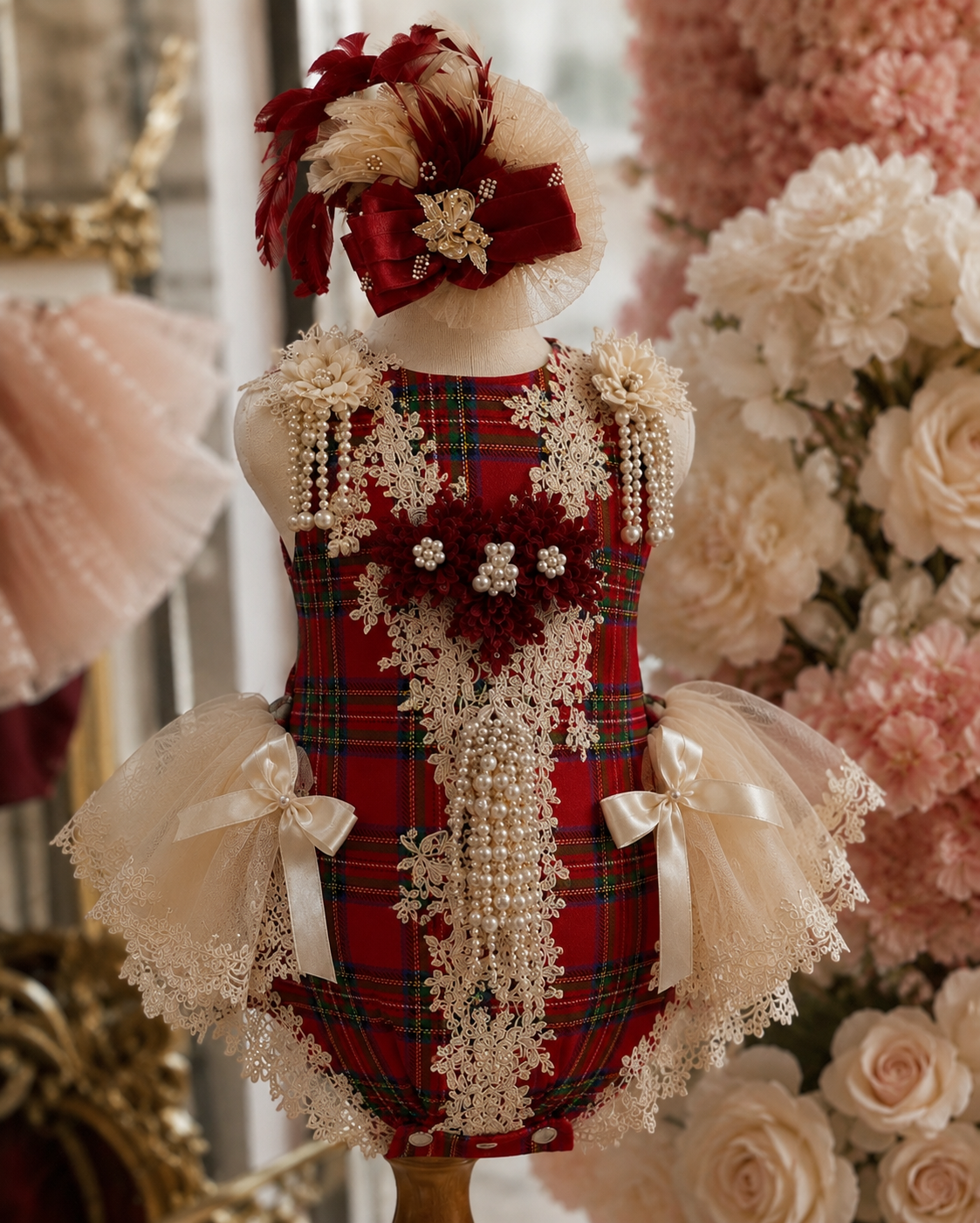 Tartan fabric pearl romper and hair clips
