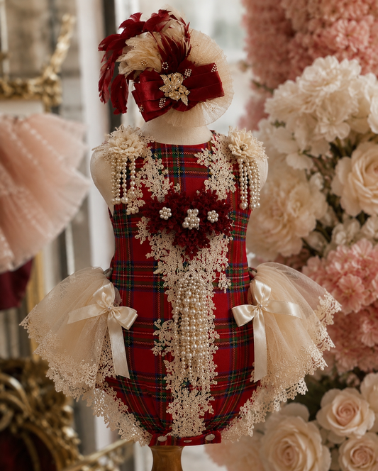 Tartan fabric pearl romper and hair clips