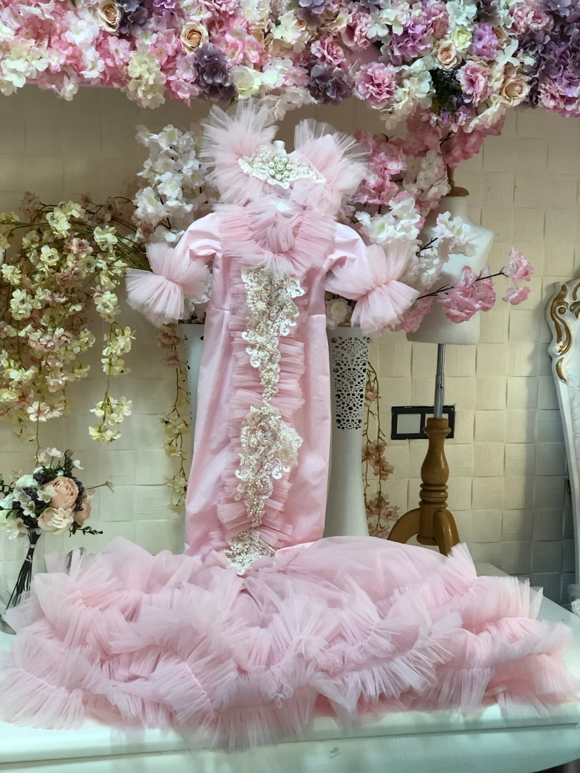Pink long pearl baby gown and bonnet