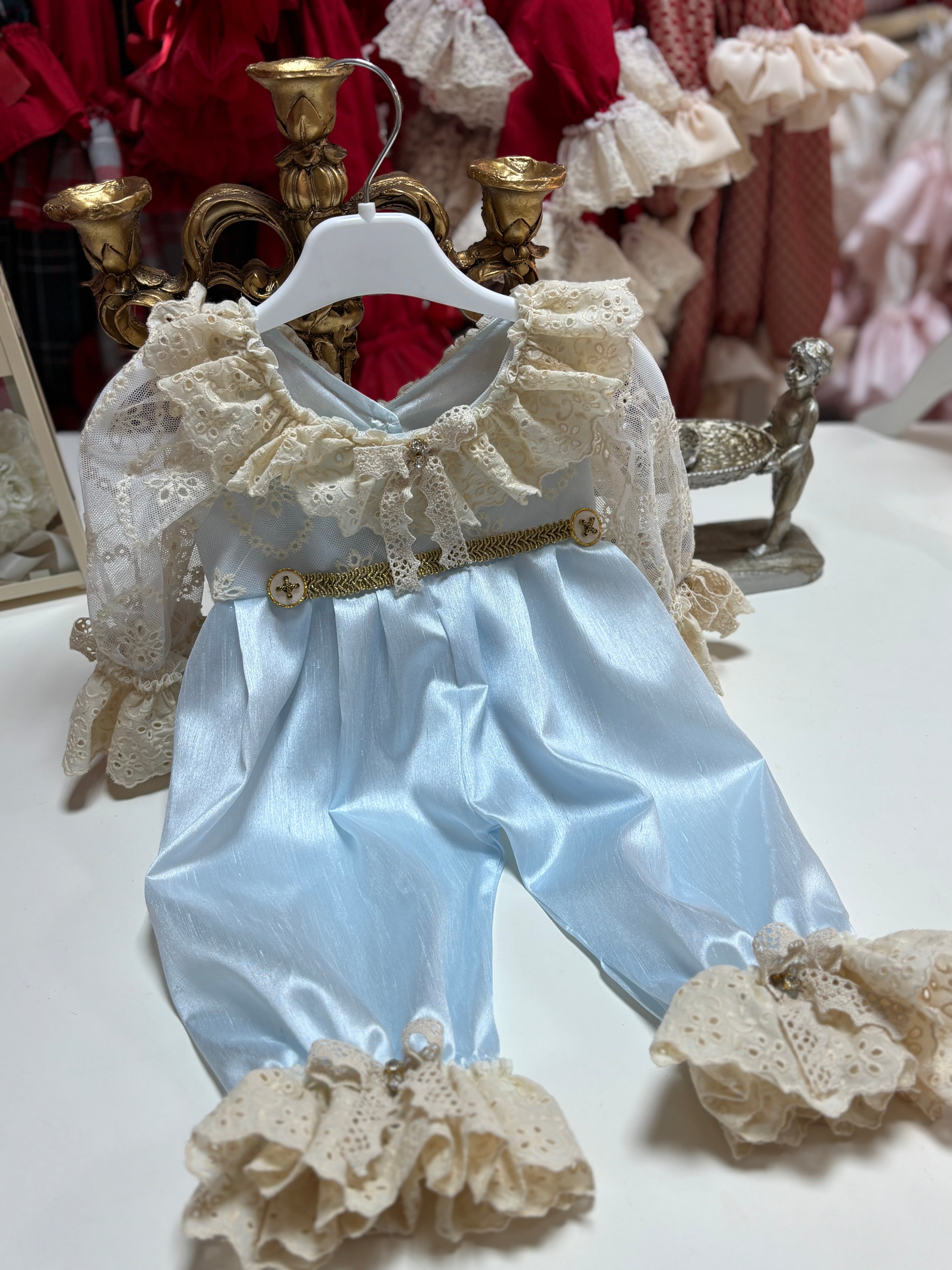Blue Silk Fabric Jumpsuit And Bonnet