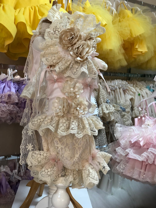 Pink lace silk fabric baby and girl two pieces outfıt and hairband