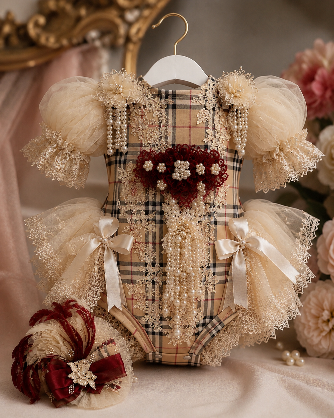 Tartan fabric pearl romper and hair clips