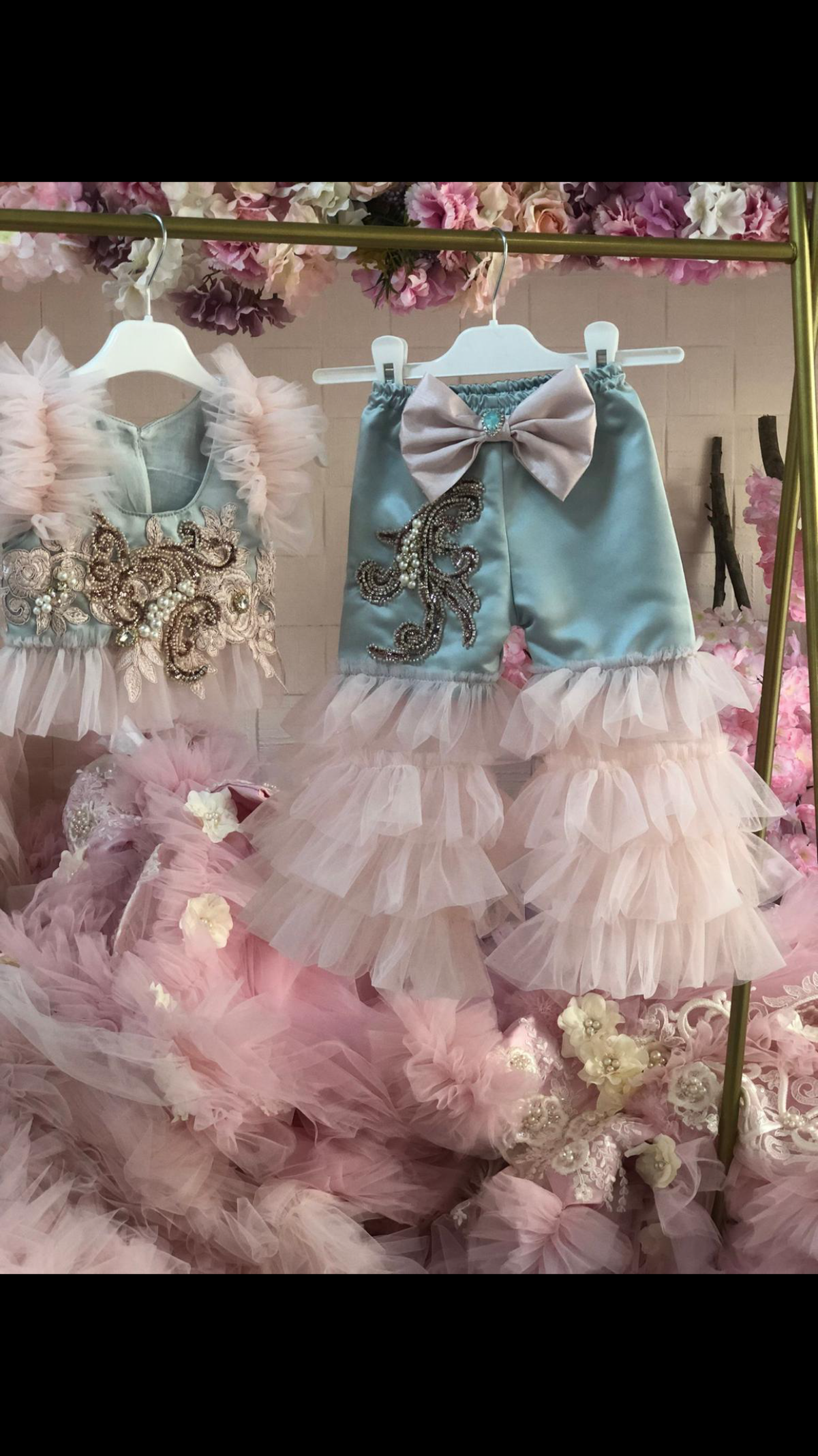 Mint blue girl baby blouse and pants
