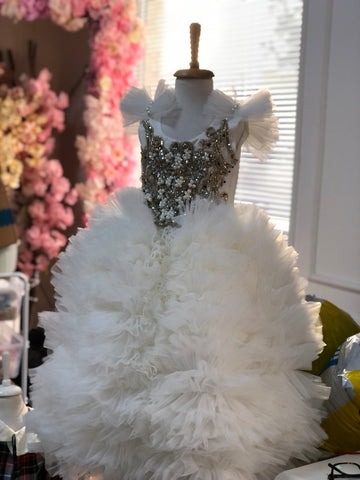 Cream Flowers Girls Long Tulle Rhine Stone Dresses